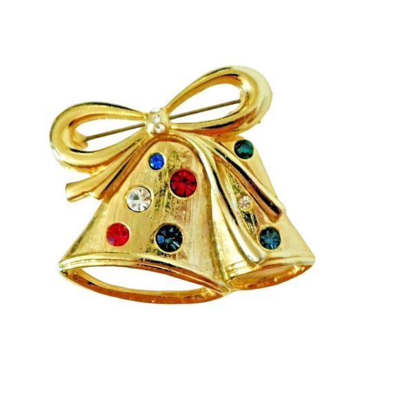 Unbranded Jewelry - Christmas Bell Pin Gold Tone Multi Color Crystals Holiday 1.75" Wide Jewelry